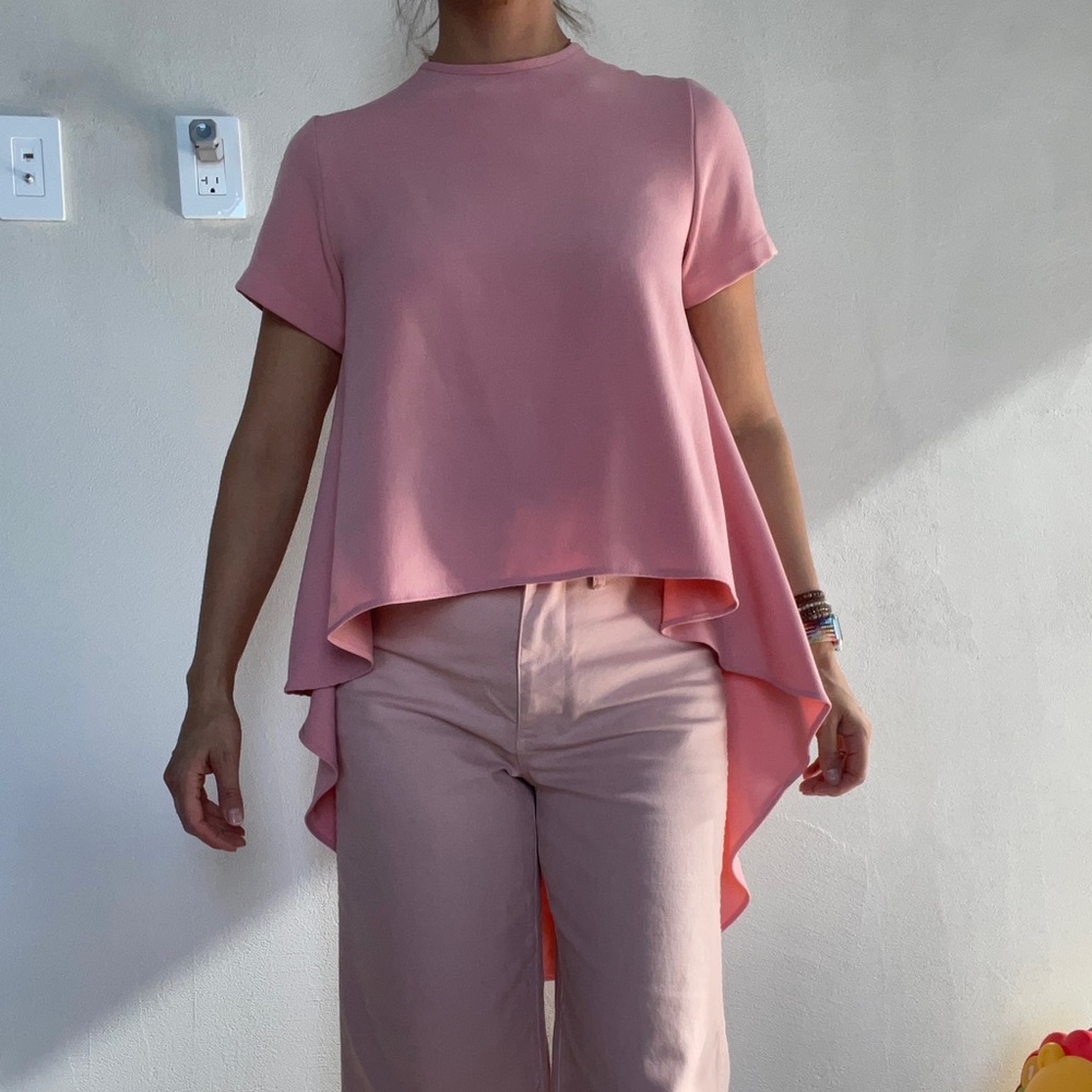 Short-long blouse, round neck, short sleeves